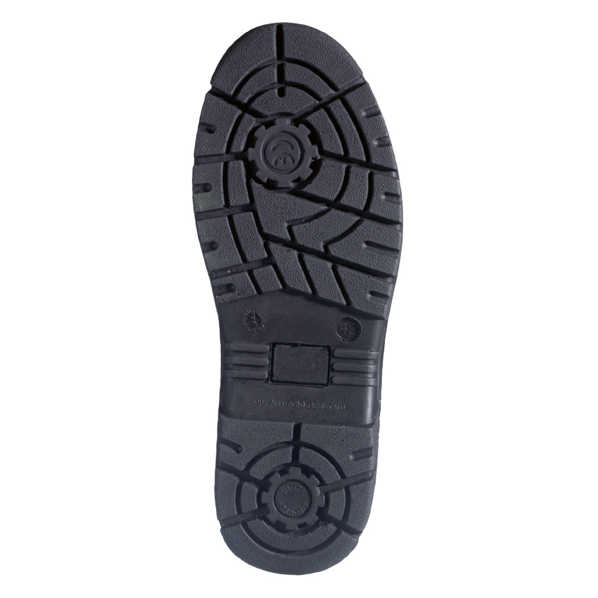 Die Unterseite eines schwarzen Schuhs mit grobem Profil ist abgebildet. Die Sohle zeigt verschiedene Rillen und Muster für besseren Grip. Der Schuh scheint robust und für den Außeneinsatz geeignet zu sein.