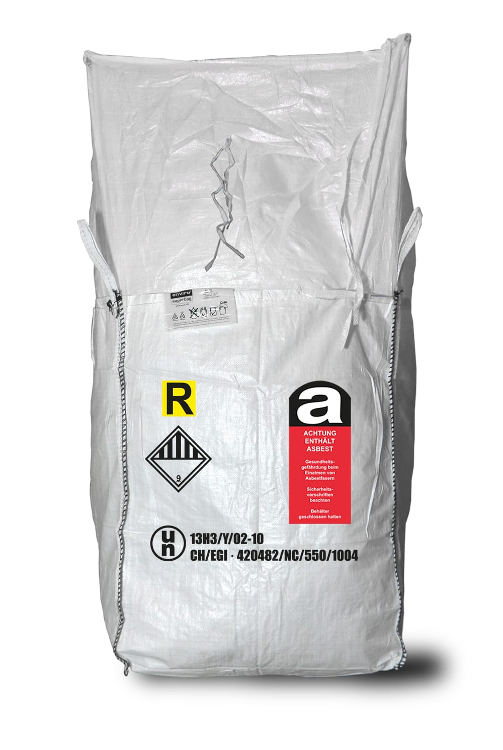 UN Gefahrgut Big Bag 90 x 90 x 105 cm, Asbestaufdruck 1-seitig, Einfüllschürze, HDPE-Inliner