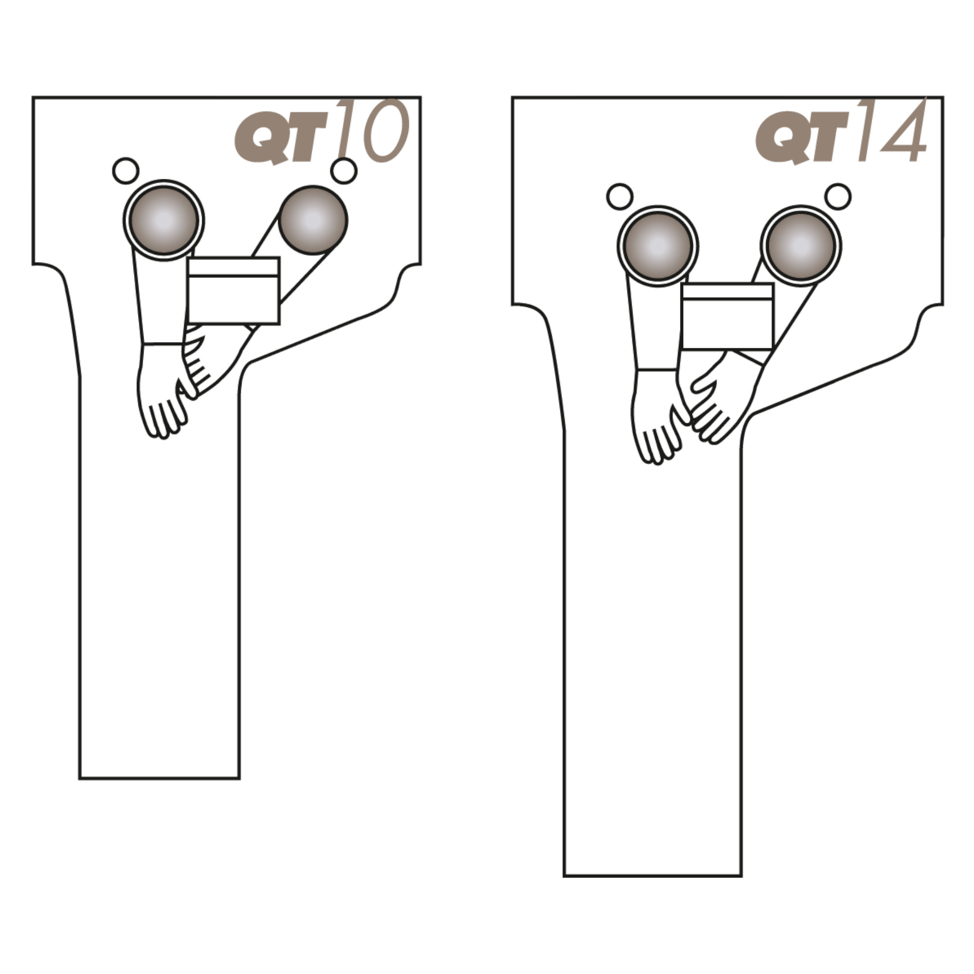 Das Bild zeigt zwei schematische Darstellungen, die die Modelle QT10 und QT14 veranschaulichen. Beide Modelle sind mit Händen versehen, die jeweils verschiedene Positionen oder Anordnungen darstellen. Die Abbildungen helfen, die Unterschiede zwischen den beiden Varianten zu verstehen.
