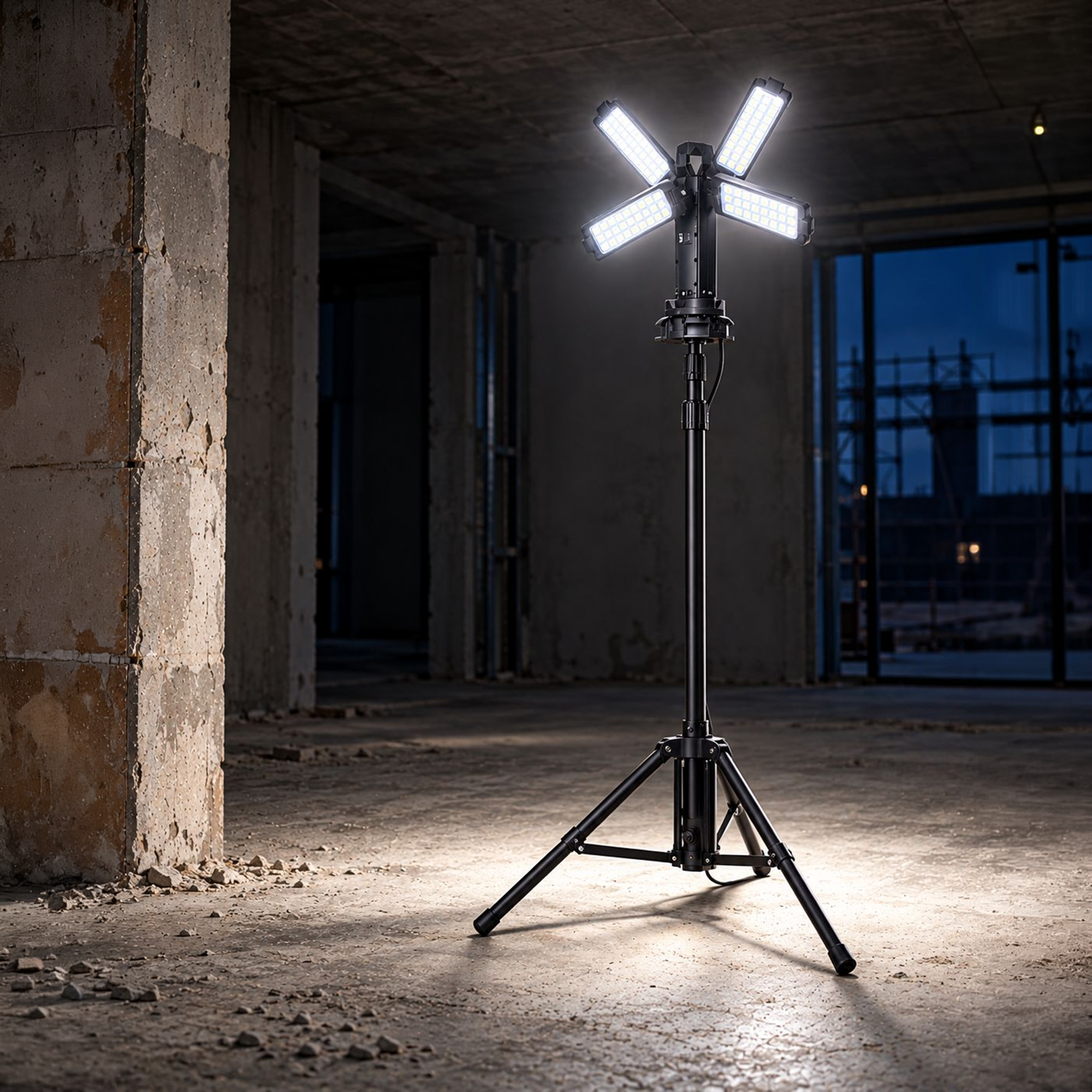 LED-Baustrahler, Stativleuchte, fünf Leuchtflügel, schwarzes Metall, faltbares Stativ