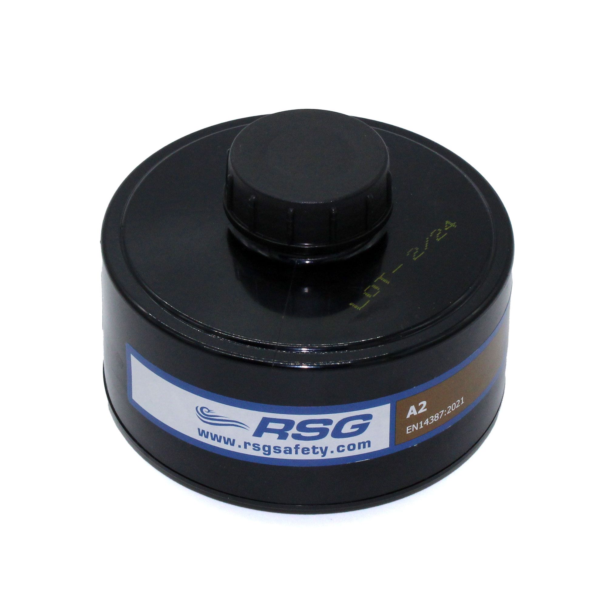 RSG A2 Gasfilter EN14387:2021, schwarzes Rundgehäuse mit Schraubanschluss